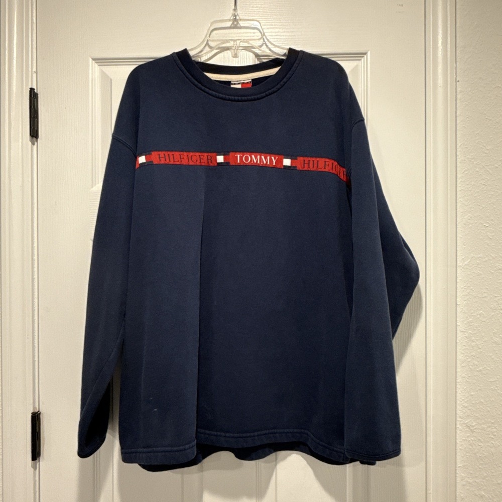 Vintage Tommy Jeans‎ Hilfiger Spellout Flag Tape Fleece Sweatshirt Mens XL 90s